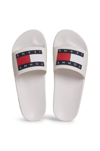 Erkek TOMMY JEANS FLAG POOL SLIDE Terlik-Beyaz - Tommy Hilfiger