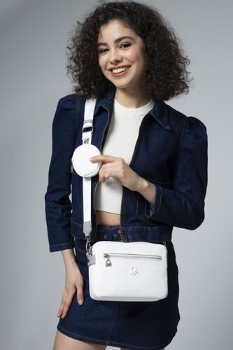 Gofraj Baskılı Mini Cüzdanlı Çapraz Çanta BNT_774-Beyaz-A.Gri - Benetton