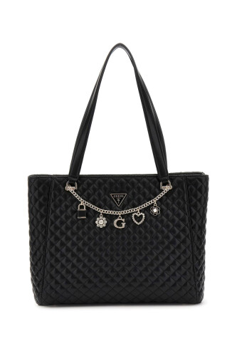 Kadın Charm Detaylı Zincir Aksesuarlı Kapitoneli Tote Omuz Çantası - Siyah - Guess