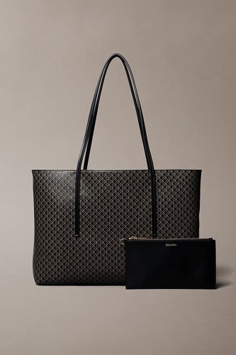 Kadın Cüzdanlı Monogram Desenli Tote Omuz Çantası - Siyah - Calvin Klein