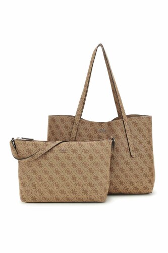 Kadın İç Çantalı Monogram Desenli Tote Çanta - Kahverengi - Guess
