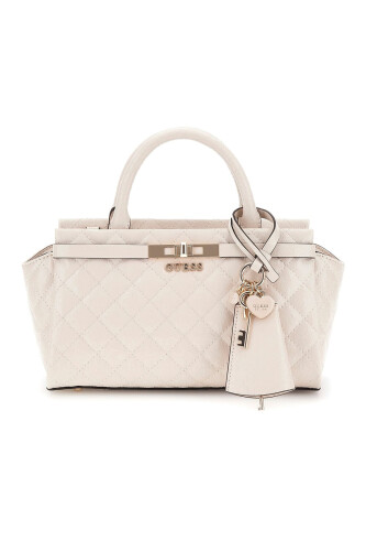 Kadın Kilit Aksesuarlı Kapitone Monogram Desenli El Çantası - Krem - Guess