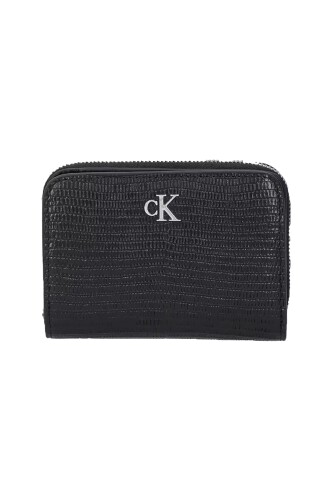 Kadın Kroko Dokulu Metal Logolu Fermuarlı Cüzdan - Siyah - Calvin Klein