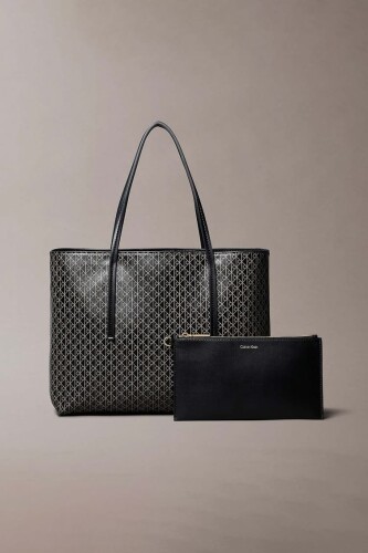 Kadın Monogram Desenli İç Keseli Tote Omuz Çanta - Siyah - Calvin Klein