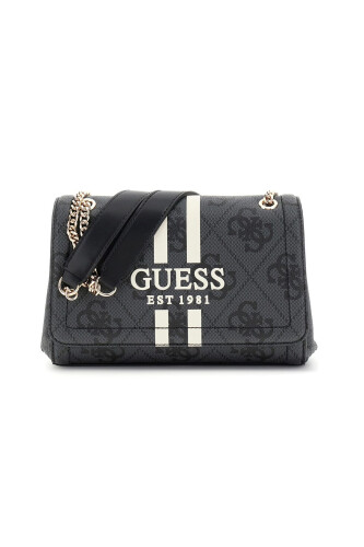 Kadın Monogram Desenli ve Şerit Detaylı Omuz Çantası - Antrasit - Guess