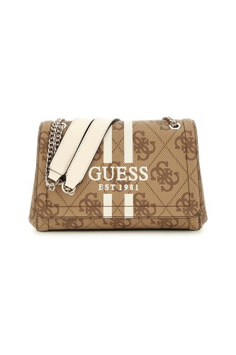 Kadın Şerit Detaylı Monogram Desenli Omuz Çantası - Kahverengi - Guess
