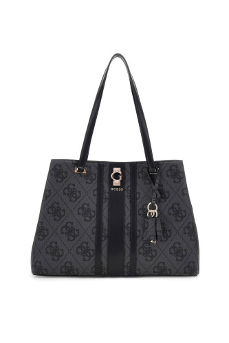 Kadın Şerit Detaylı Monogram Desenli Tote Çanta - Antrasit - Guess