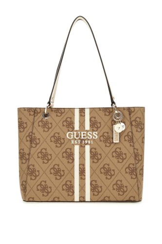 Kadın Şerit Detaylı Monogram Desenli Tote Çanta - Kahverengi - Guess