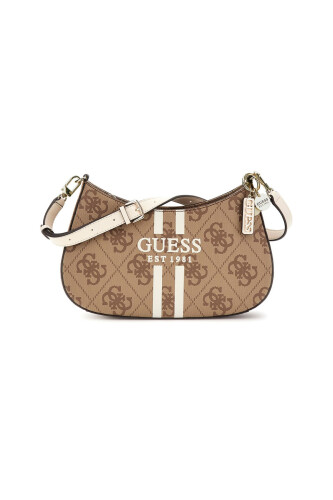 Kadın Şerit Detaylı Monogram Desenli Yarım Ay Omuz Çantası - Kahverengi - Guess