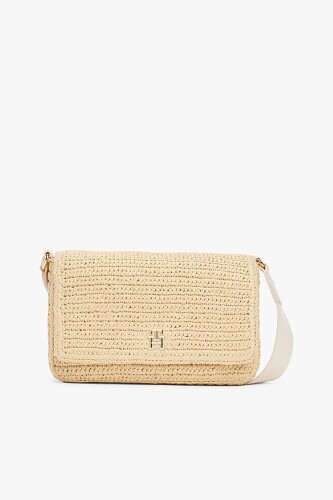 Kadın Th Spring Logo Raffia Omuz Çantası - Krem - Tommy Hilfiger