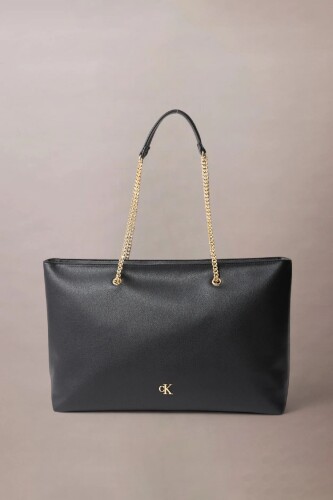 Kadın Zincir Askılı Minimalist Monogramlı Tote Çanta - Siyah - Calvin Klein
