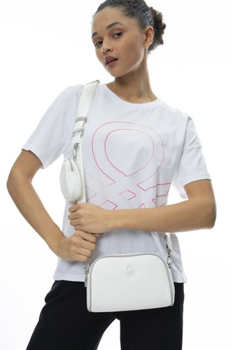 Mini Cüzdanlı Gofraj Baskılı Çapraz Çanta BNT_636-Beyaz-A.Gri - Benetton